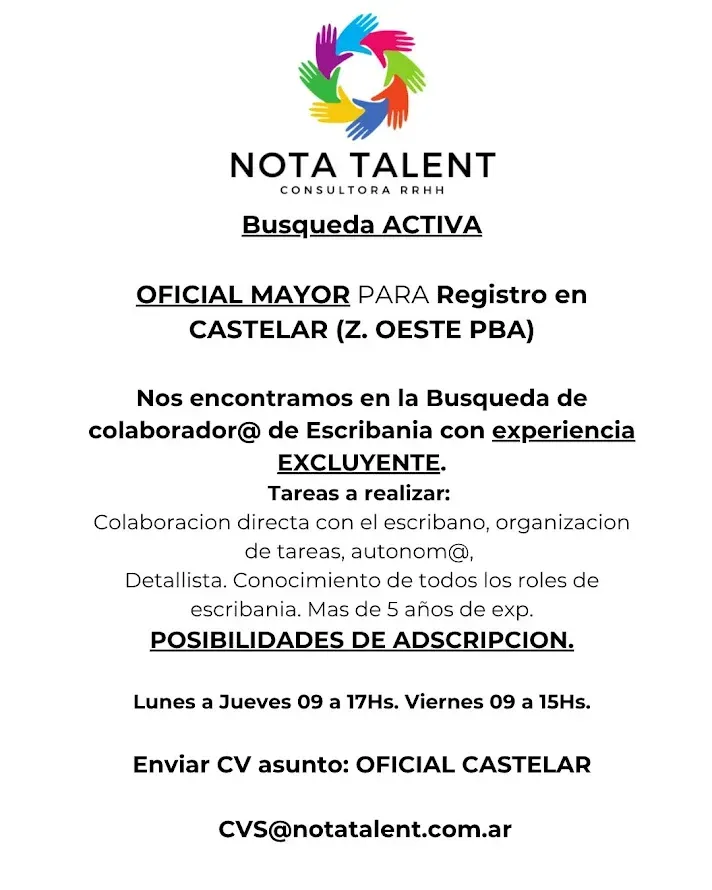 Aviso de empleo de Nota Talent para oficial mayor en Castelar y zona oeste, con logo colorido.