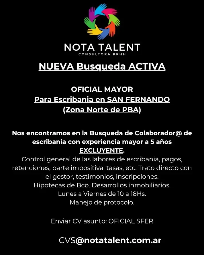 Publicado anuncio de empleo para Oficina Mayor en San Fernando, buscando asistente ejecutivo en Nota Talent Consulting HR.