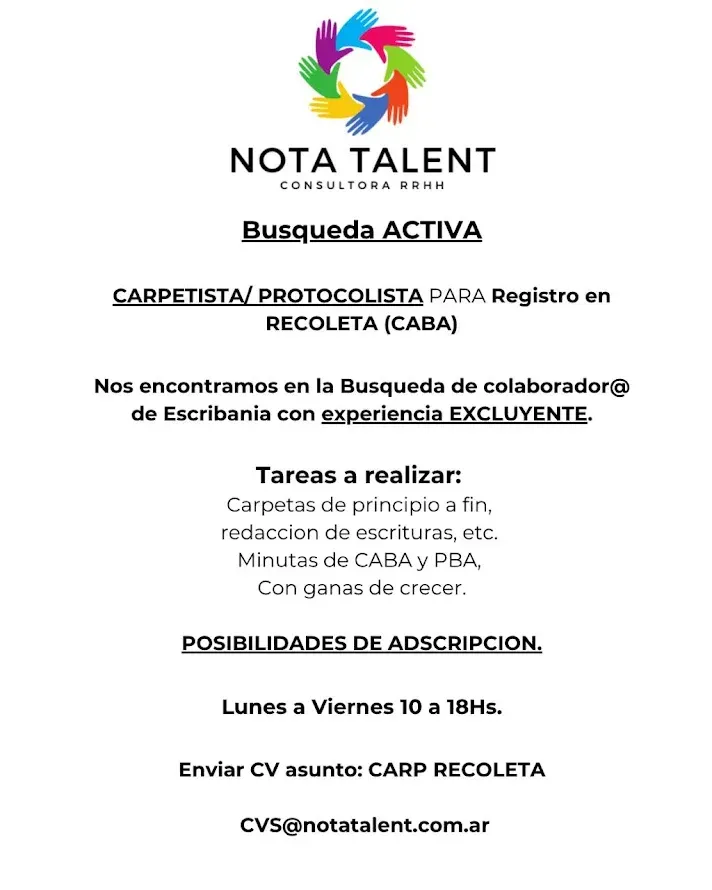 Notta Talent ofrece un folleto de búsqueda de recepcionista/cajera en Escobar, con tareas