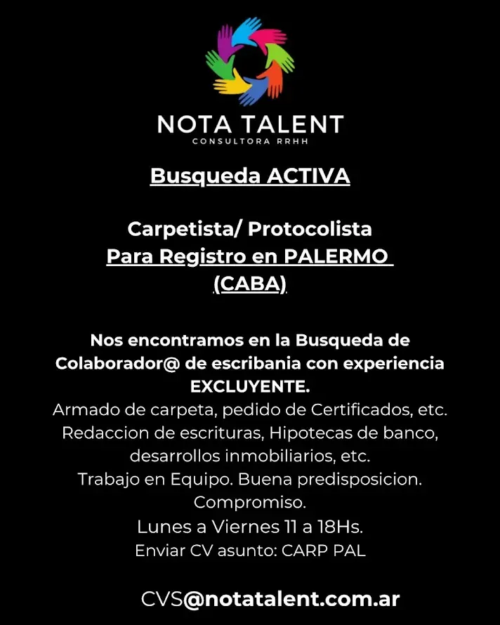Folleto de oferta de empleo: Nota Talent busca recepcionista de protocolo en Palermo (CABA) sobre fondo negro.