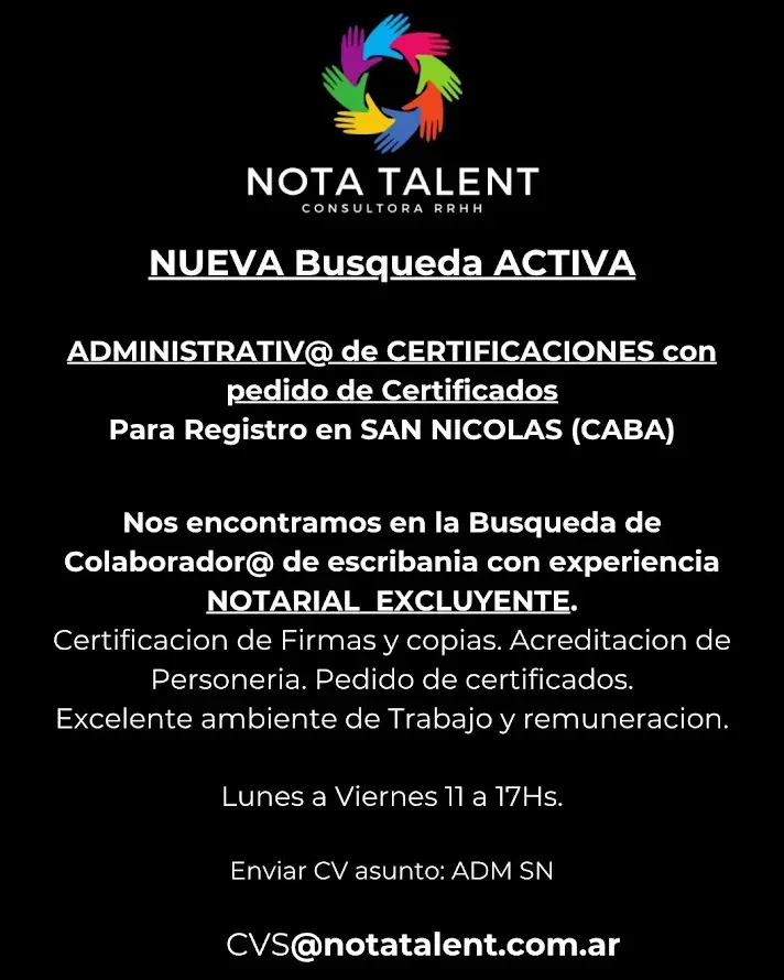 Aviso de contratación de Nota Talent: certificados administrativos, Bogotá y San Nicolás, con detalles de horario.