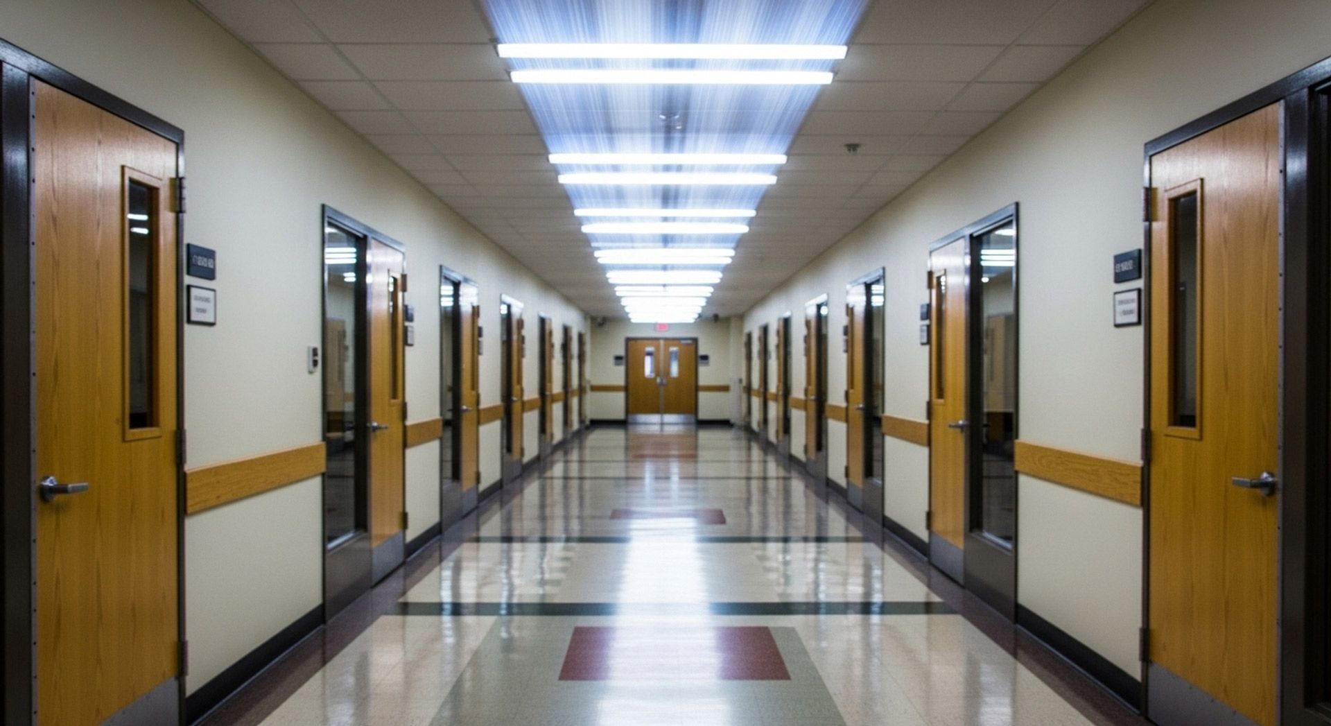 A long, symmetrical office hallway with light walls, wood-paneled doors on both sides, and a bright, tiled floor.