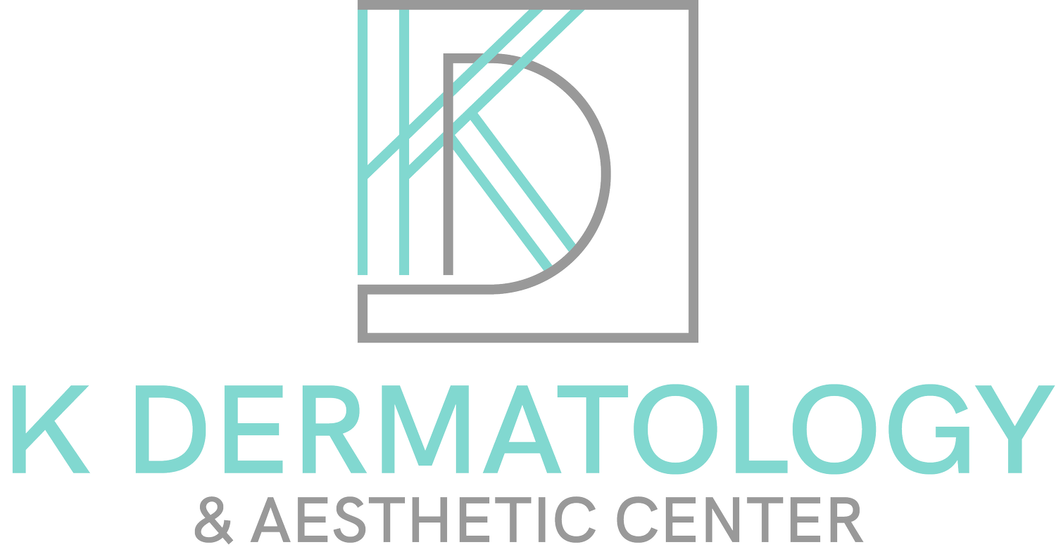 K Dermatology & Aesthetic Center logo in teal and gray on a white background
