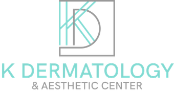 K Dermatology & Aesthetic Center logo in teal and gray on a white background
