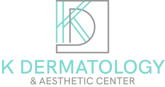 K Dermatology & Aesthetic Center logo in teal and gray on a white background