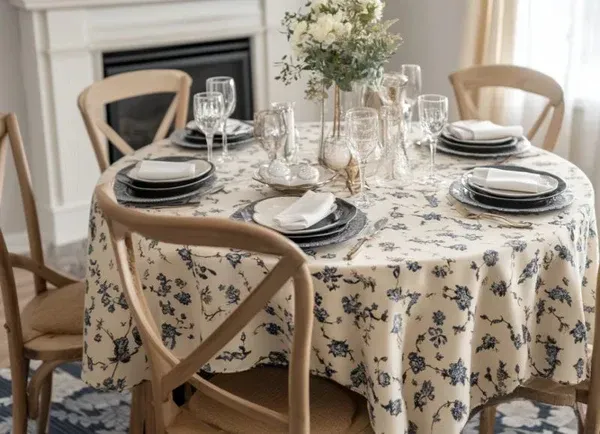 A table with a white tablecloth and plates and glasses on it.