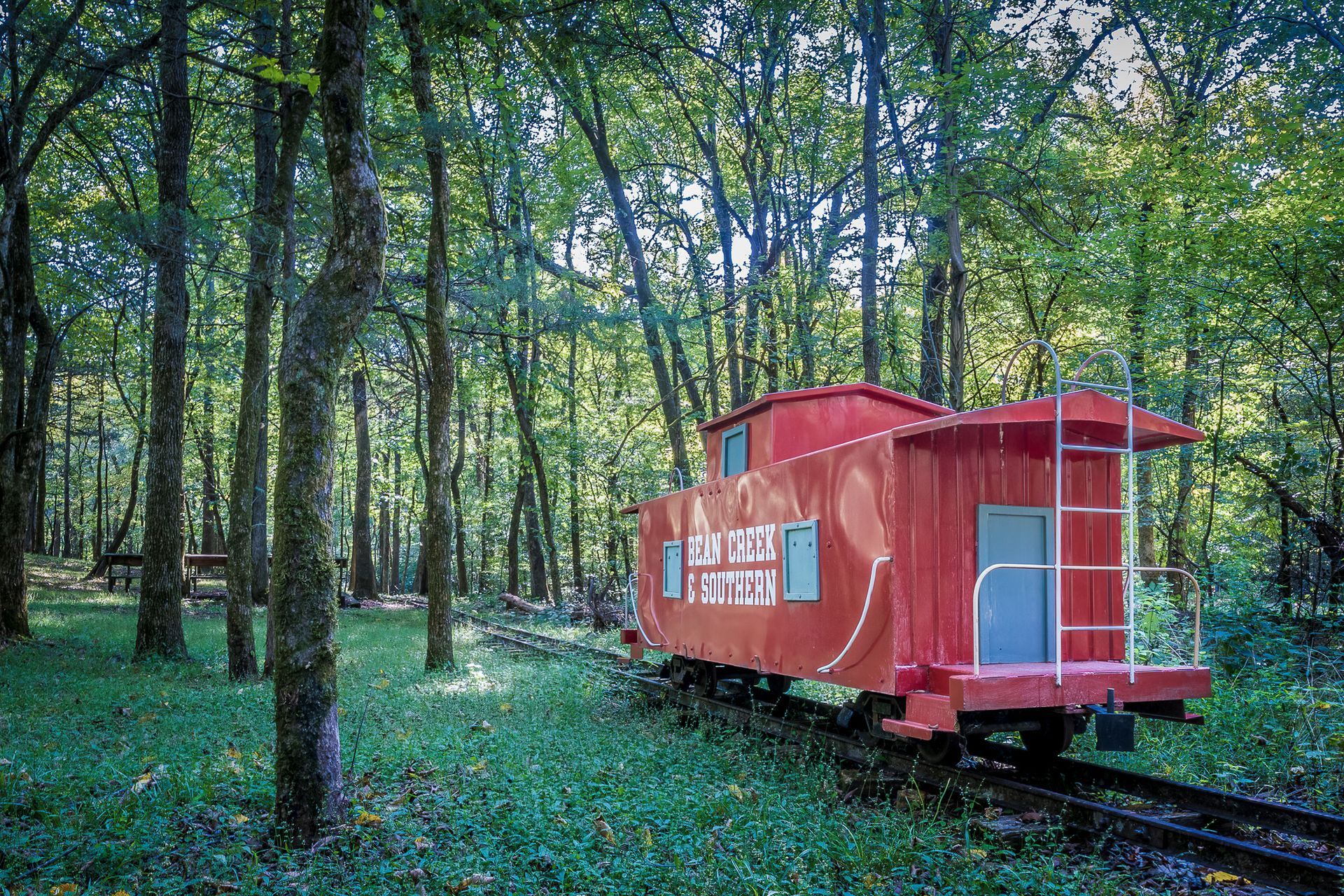 A bright red train caboose sits on a short track in the middle of a dense, sunlit forest.