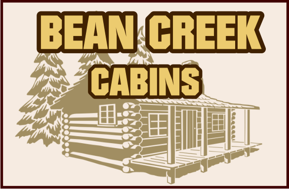 Logo for Bean Creek Cabins featuring tan text over a line drawing of a log cabin with a porch and pine trees.