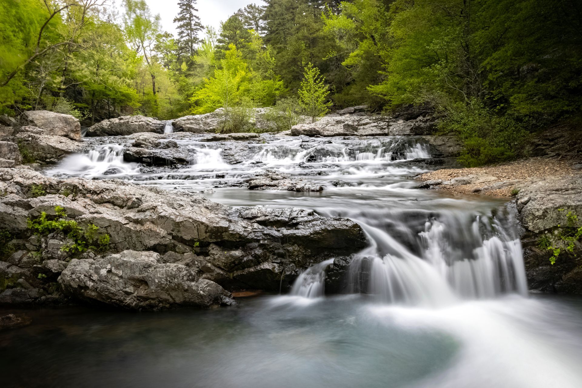 A cascading creek flows over layered rocks through a lush green forest, captured with a long exposure effect.