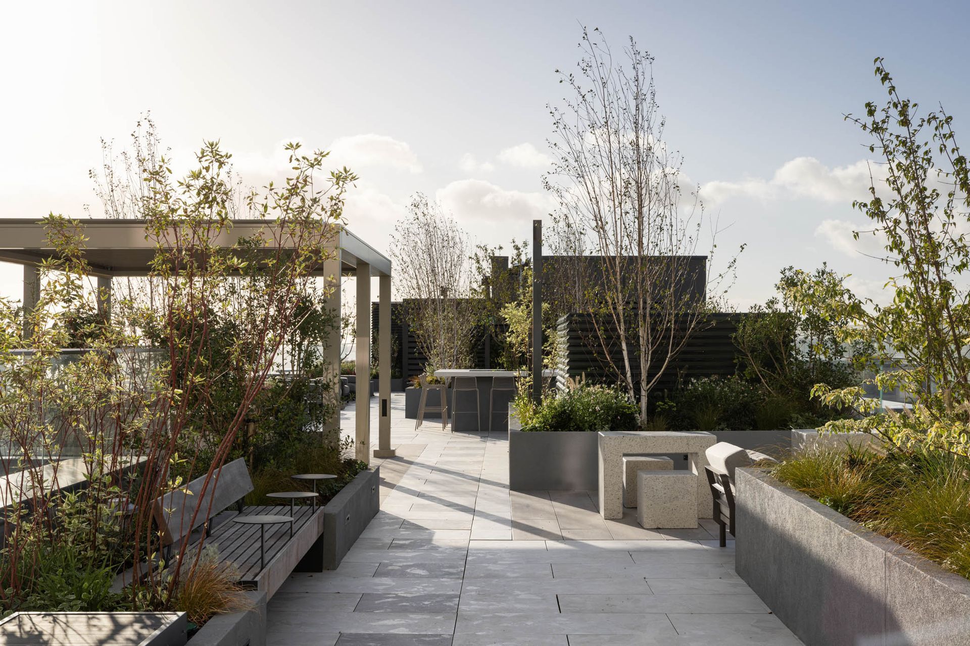 Modern rooftop garden with stone paths, benches, and planters under a bright sky