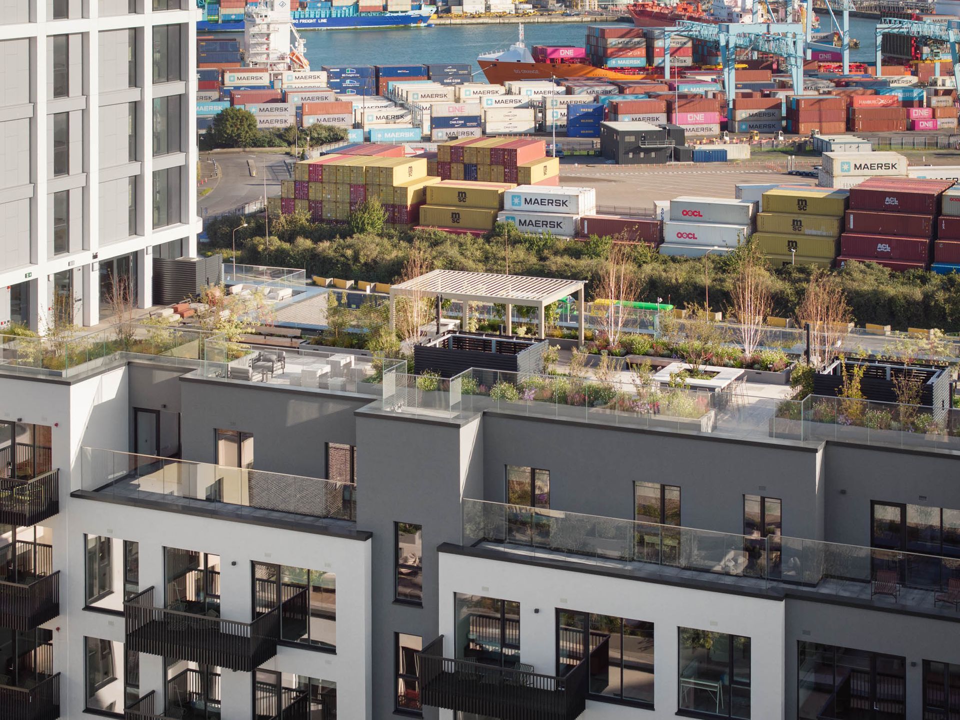 Apartment balconies overlooking a sunny rooftop garden and shipping containers at a port