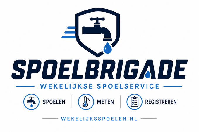 Spoelbrigadelogo met blauw kraanicoon en Nederlandse tekst: ‘wekelijkse spoelservice’, ‘spelen’, ‘meten’, ‘registreren’