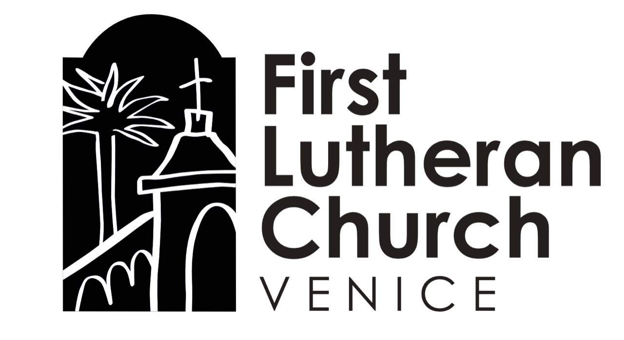 Logo for First Lutheran Church, Venice, depicting a church building with a cross and palm trees.