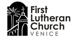 Logo for First Lutheran Church, Venice, depicting a church building with a cross and palm trees.