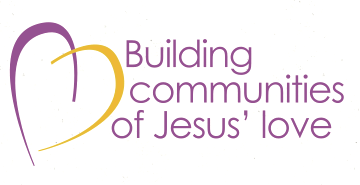 Purple and gold heart logo with text: Building communities of Jesus' love.