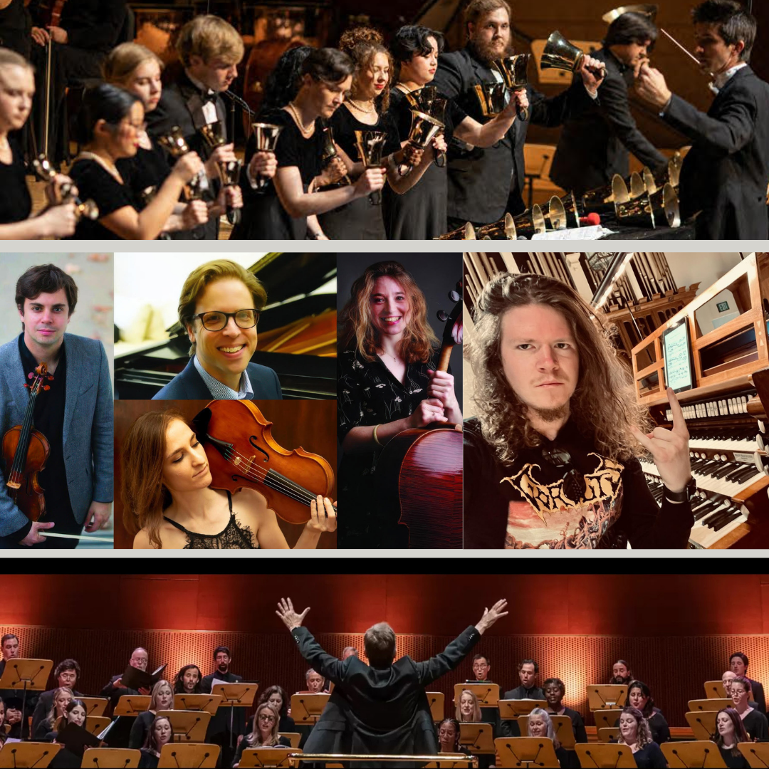 Collage of musicians: orchestra, soloists with instruments, conductor leading ensemble.