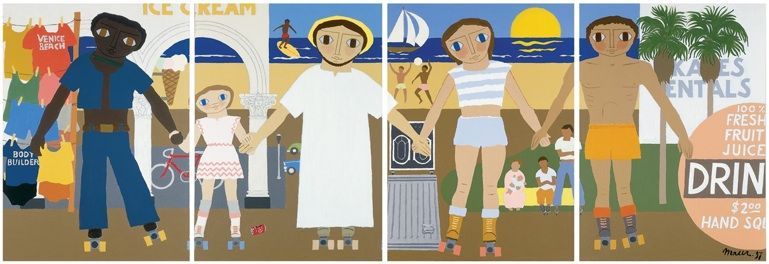 Four figures on roller skates holding hands, various beach scenes behind them.