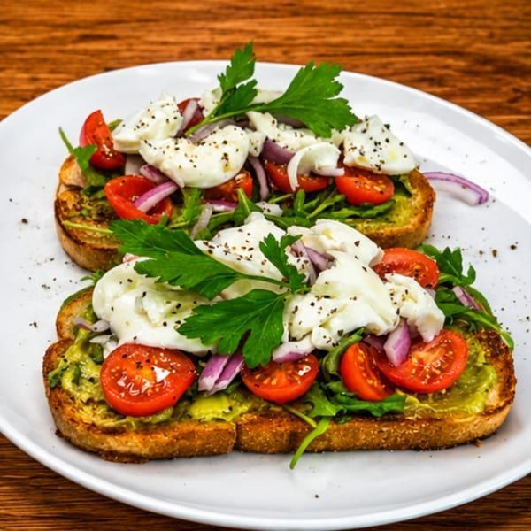Bruschetta toast topped with tomatoes, herbs, red onion, and melted mozzarella on a white plate
