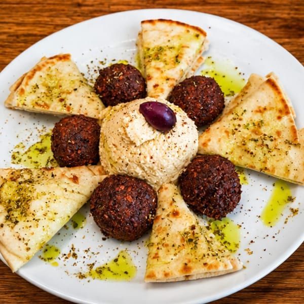 Plate of falafel, hummus, pita wedges, and olive oil drizzled with herbs