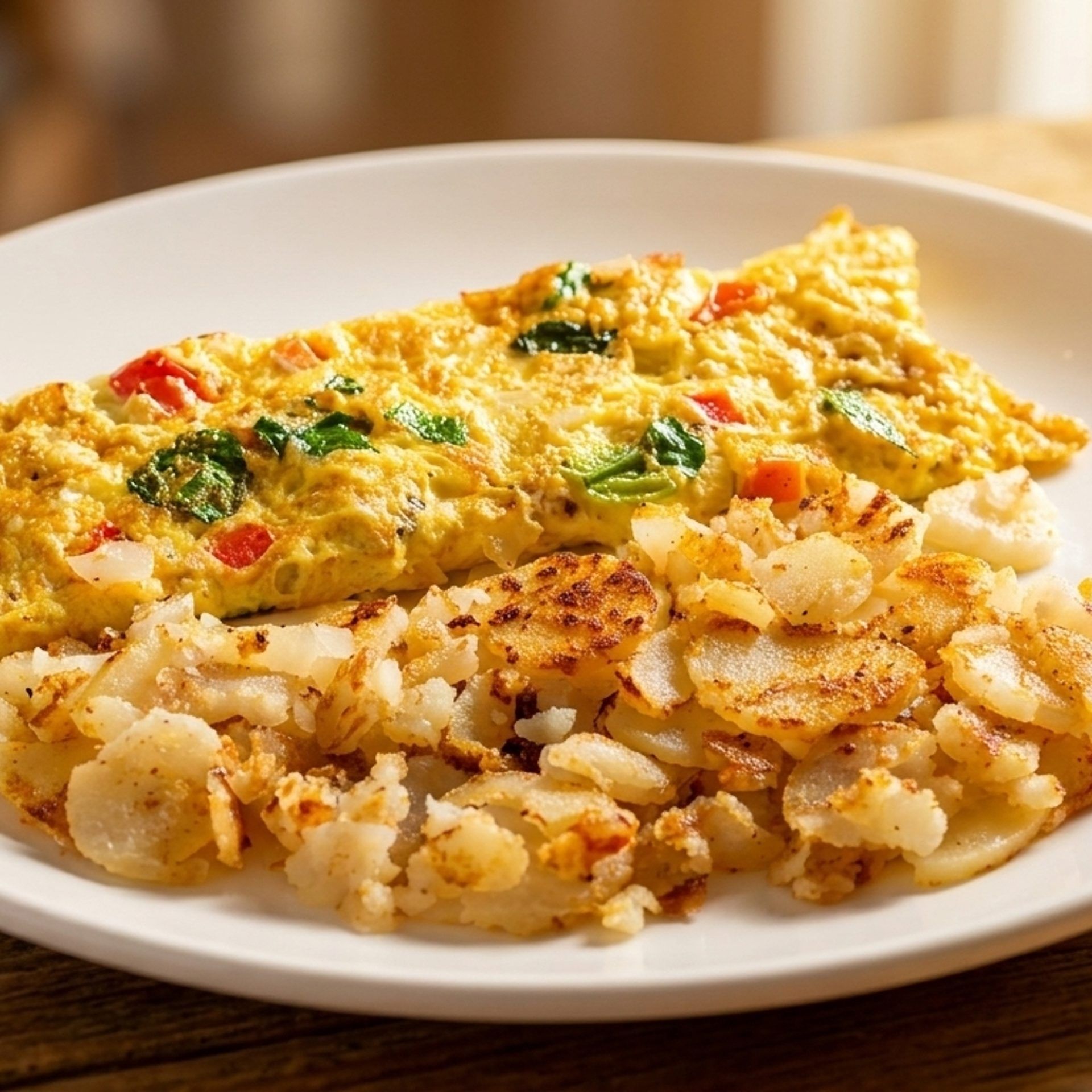 Plate with a folded cheese omelet and pan-fried potatoes on a white plate