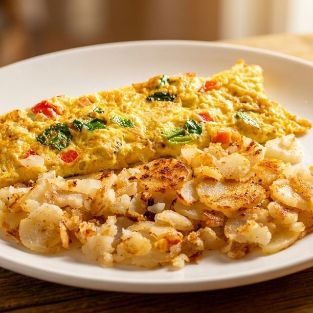 Plate with a folded cheese omelet and pan-fried potatoes on a white plate