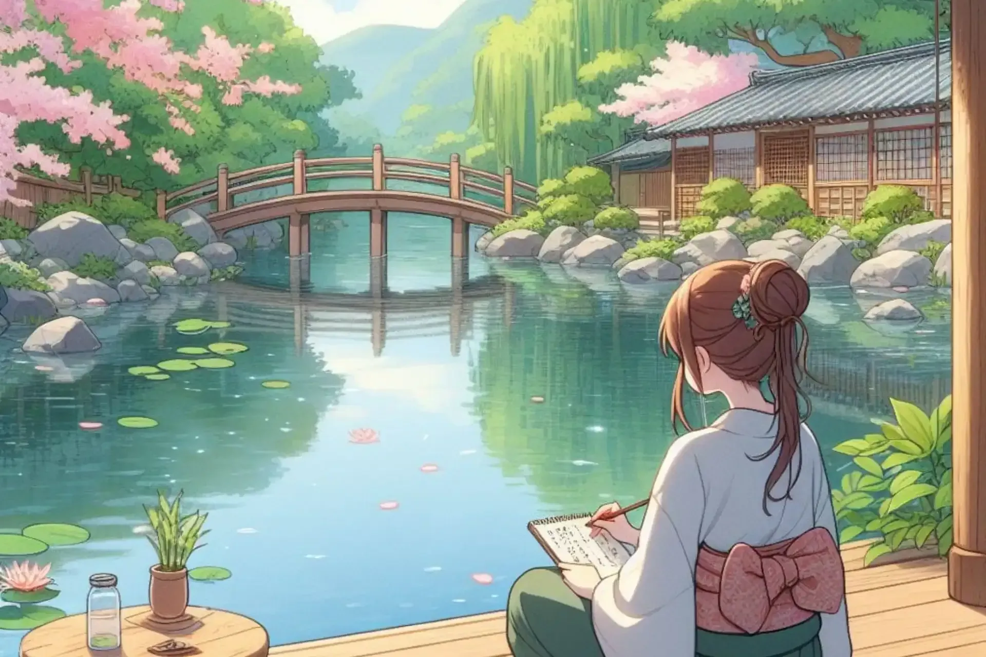 A girl in a kimono is sitting on a dock looking at a pond.