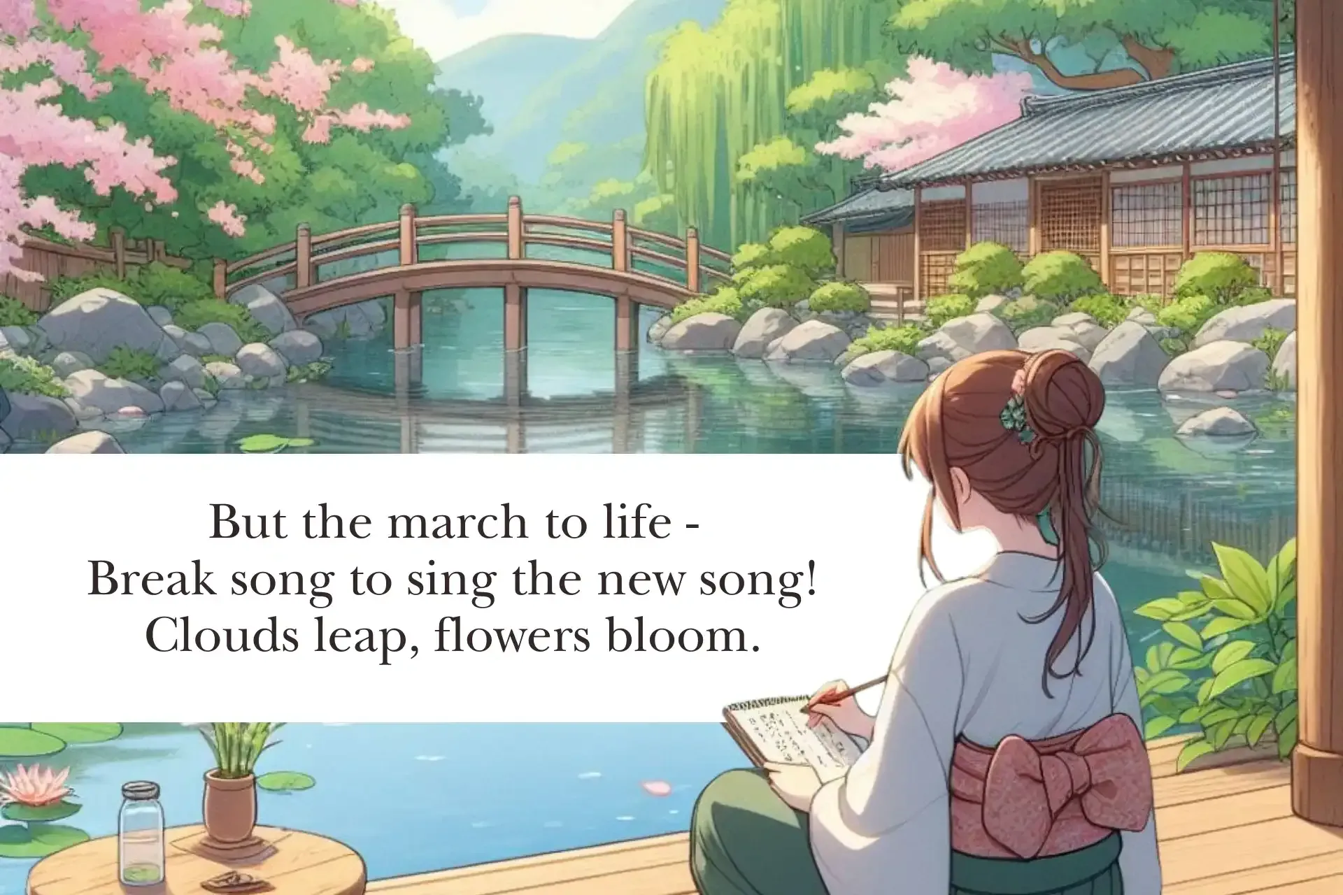 A girl in a kimono is sitting on a deck looking at a pond.