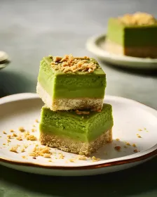 Two green desserts are stacked on top of each other on a white plate.
