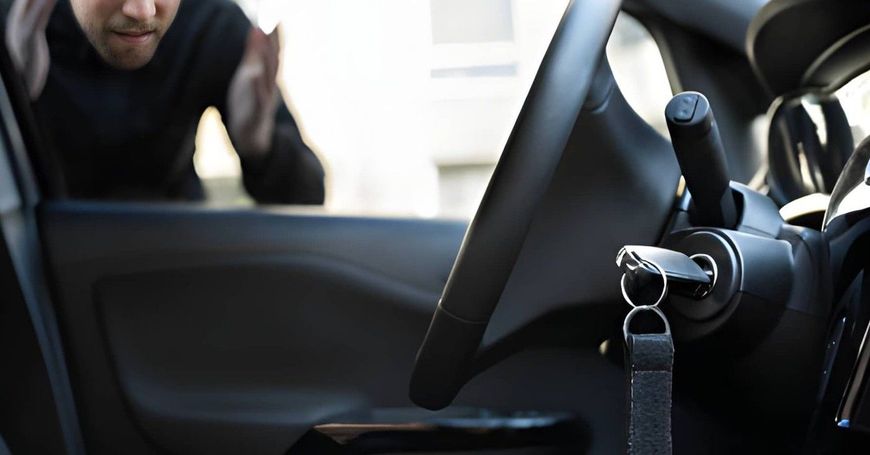 A hand inserts a key into the lock of an orange car door.