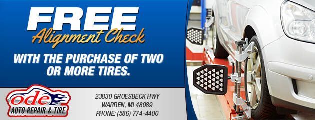 A free alignment check with the purchase of two or more tires - Ode Auto Repair & Tire