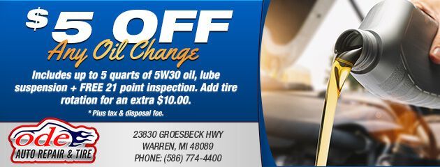 A coupon that says $ 5 off any oil change - Ode Auto Repair & Tire