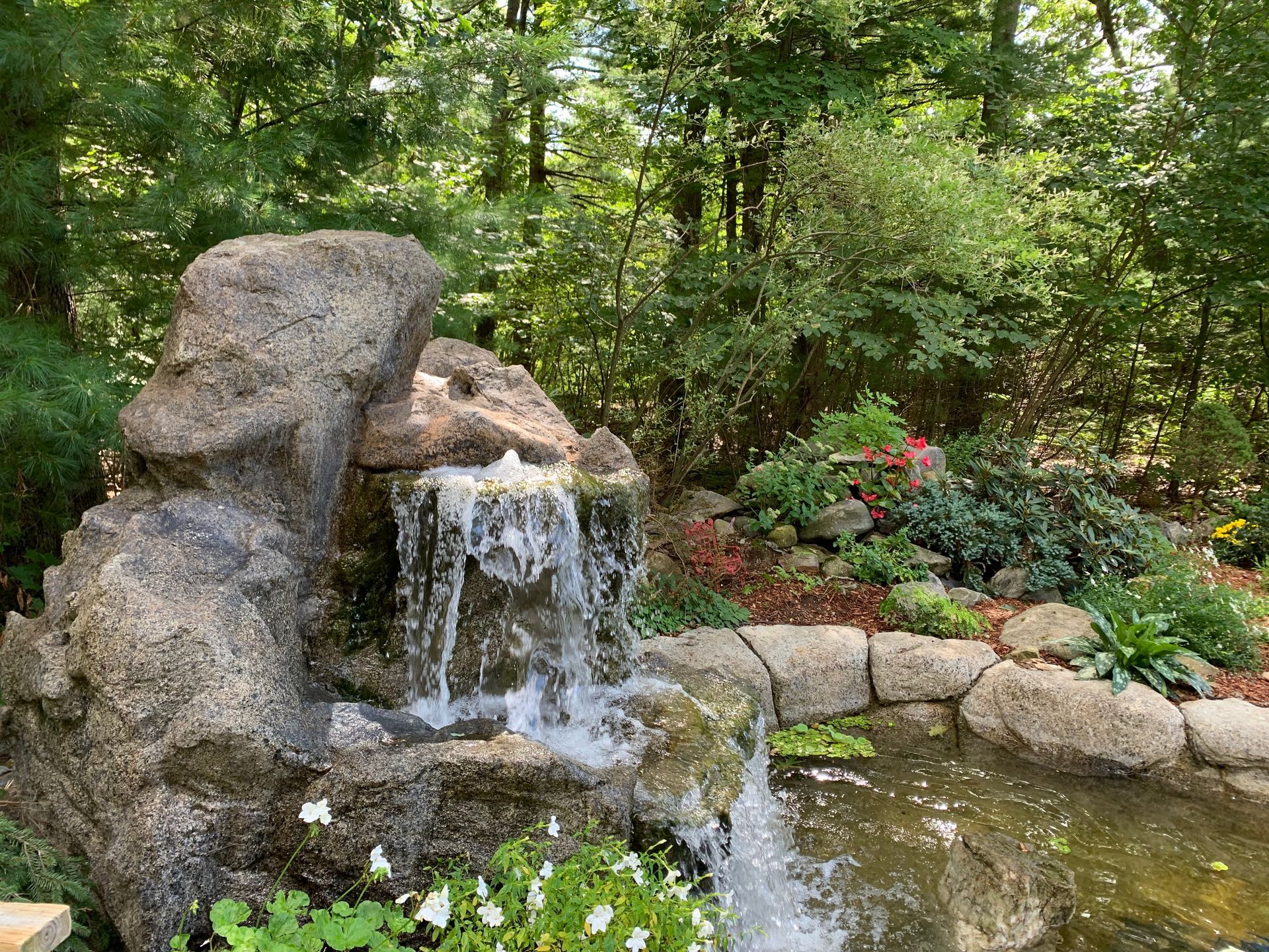 There is a waterfall in the middle of the woods next to a pond.