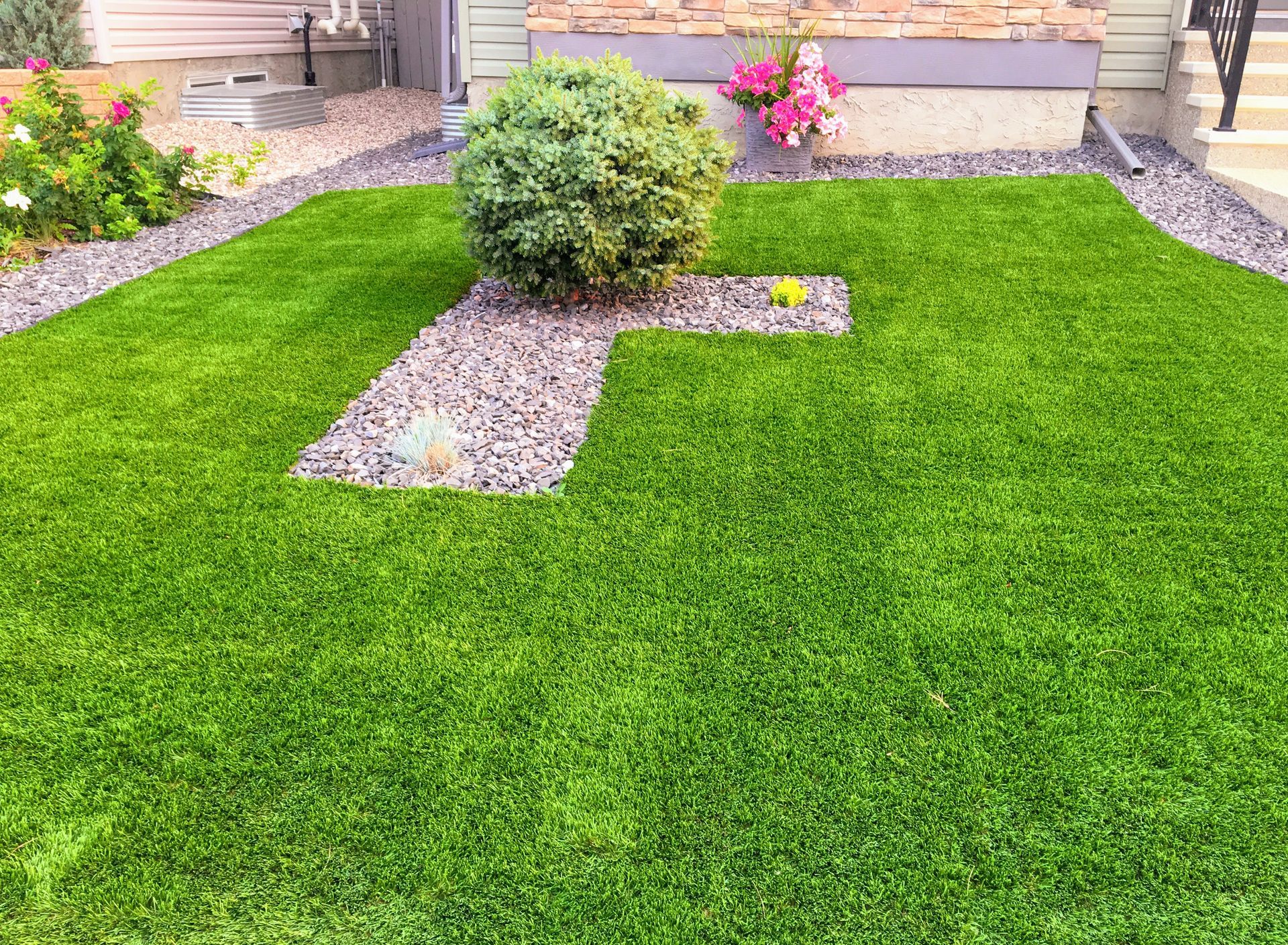 A lush green lawn with a small bush in the middle of it.
