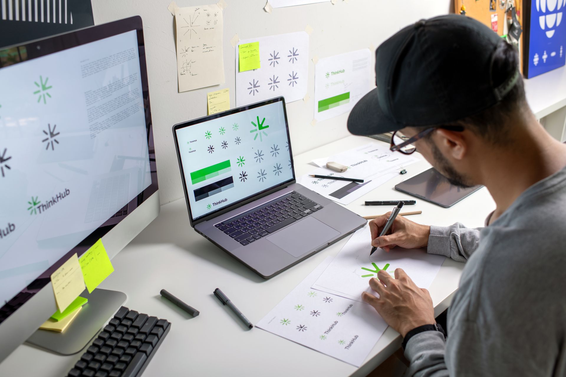A man is sitting at a desk with a laptop and a computer.