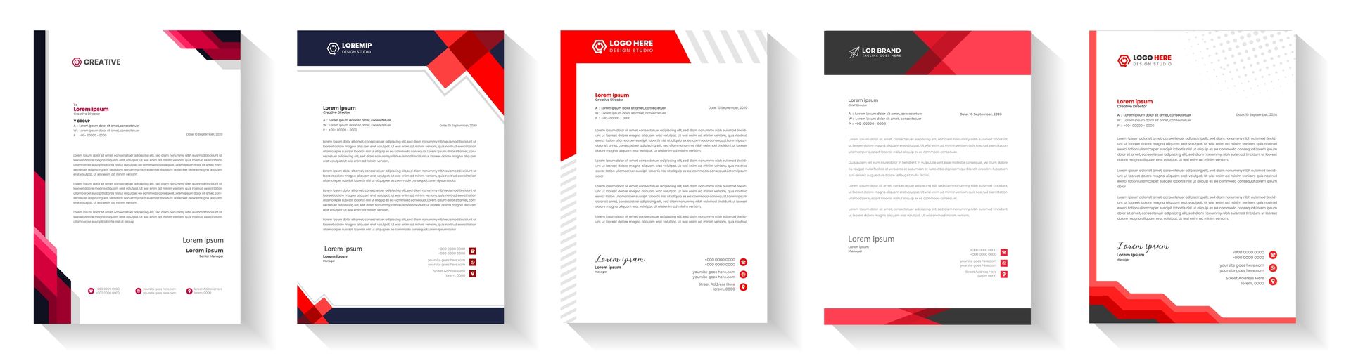 A set of red and black business letters on a white background.