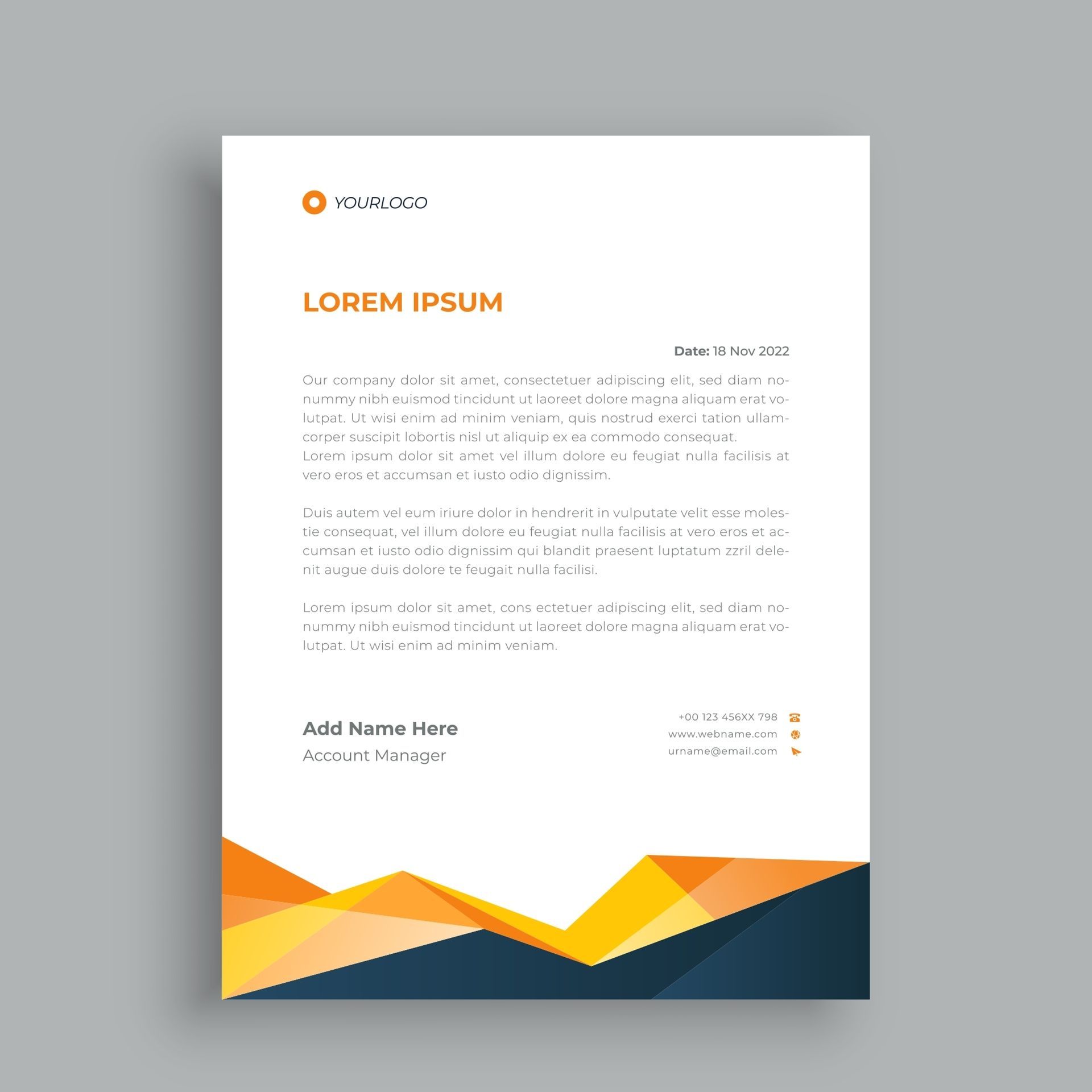 A letterhead with a yellow and blue geometric design.
