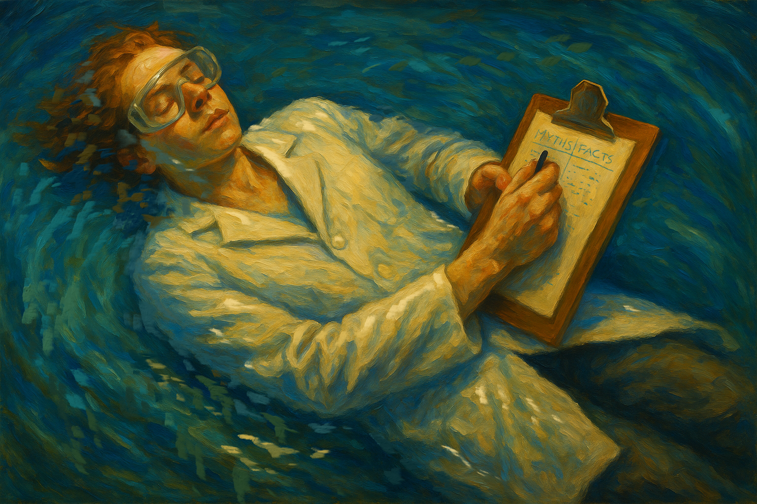 A painting of a man in a lab coat floating in the water writing on a clipboard.