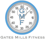 Gates Mills Fitness logo with blue stopwatch and gray lettering on white background
