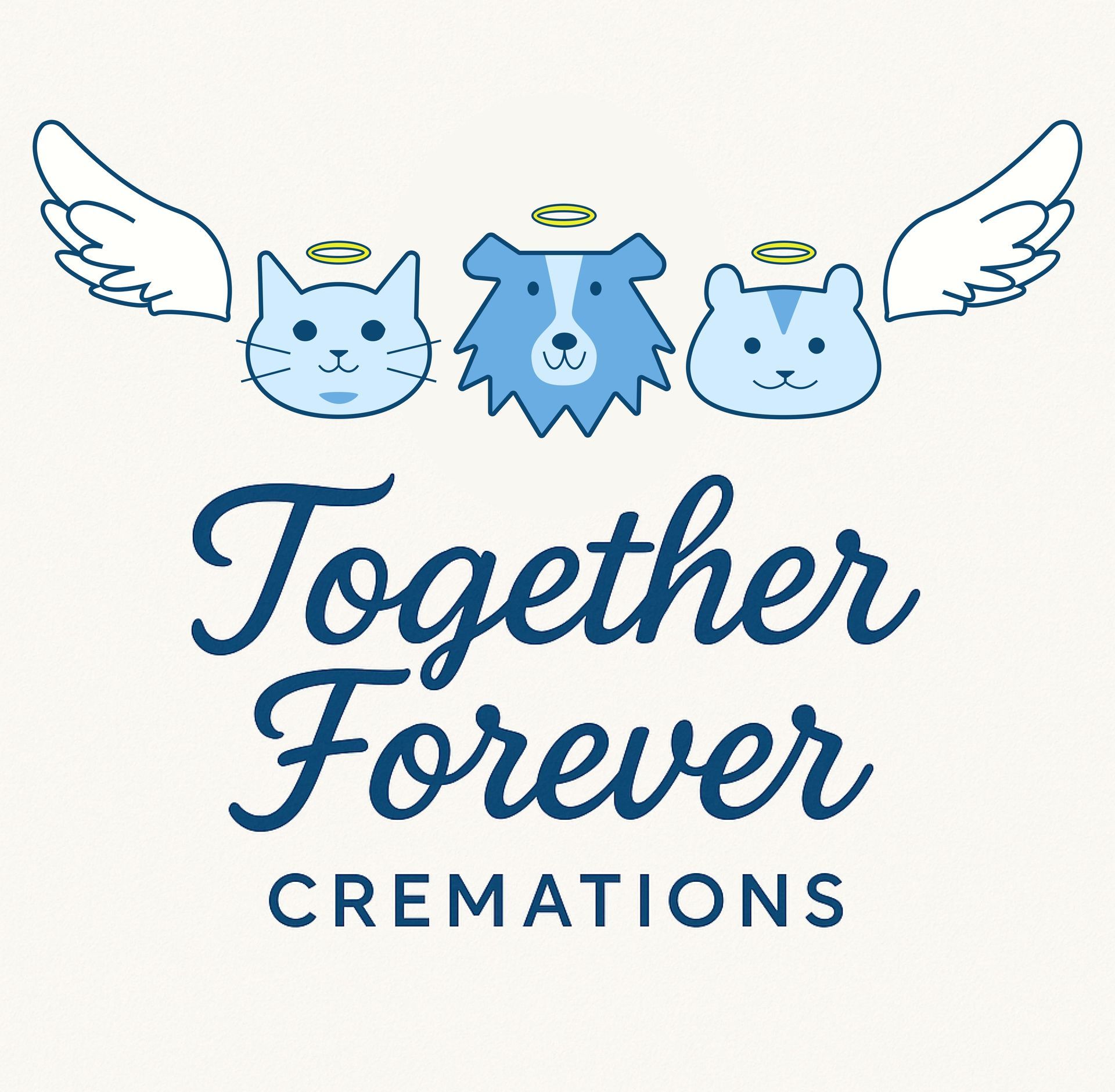 Logo: blue pets (cat, dog, hamster) with halos and wings, 