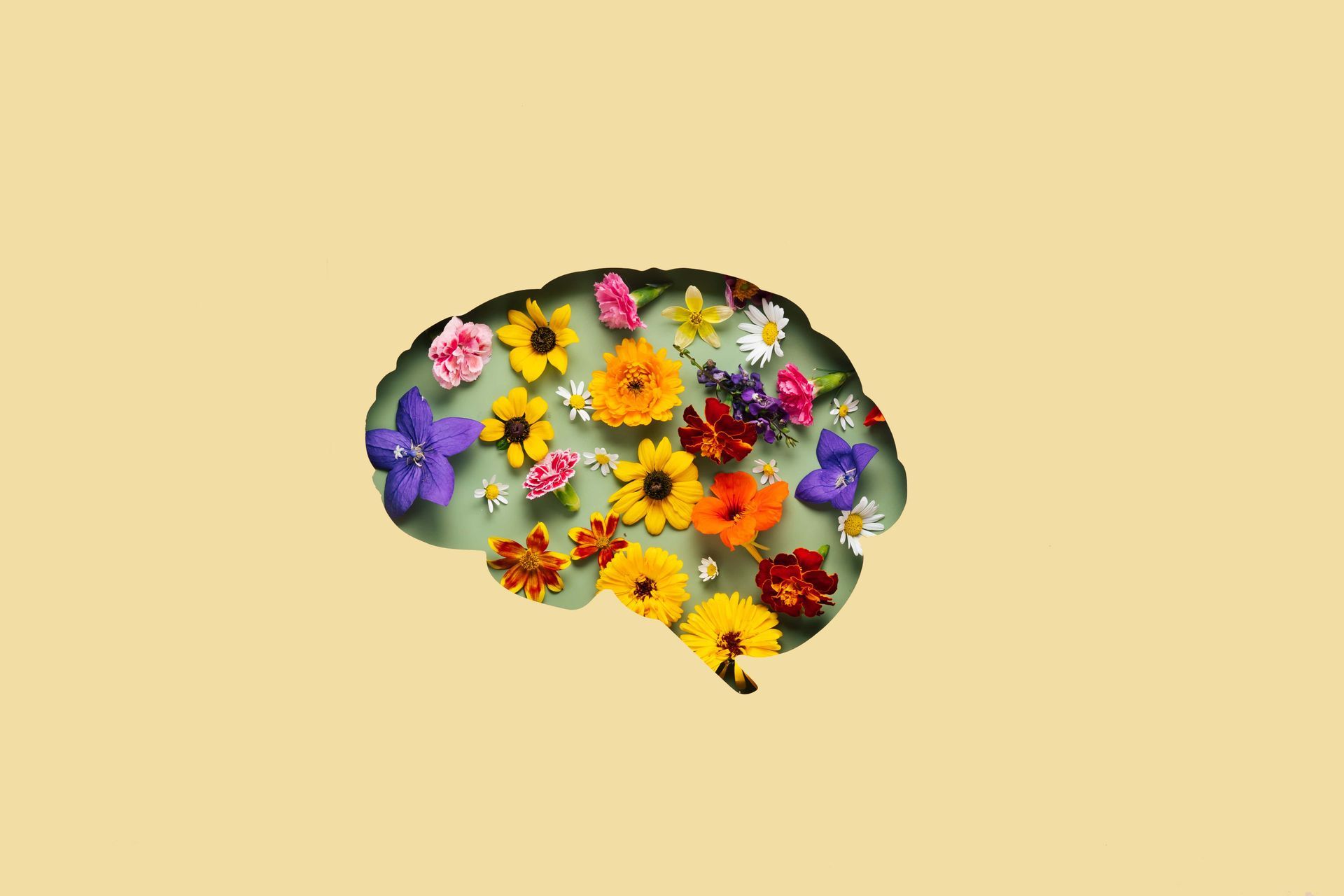 a brain made of flowers on a yellow background .