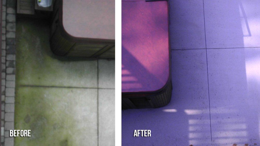 Comparison: Before and after cleaning. Grimy ground turns purple. Table corner and shadows.