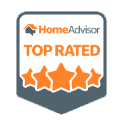 HomeAdvisor Top Rated badge with orange stars and text on a gray background.