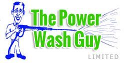 Cartoon man holding a pressure washer; text