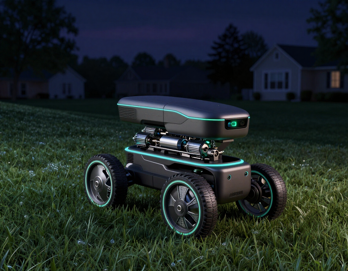 CGI render of GreenBeam's all-wheel drive system climbing a sloped lawn