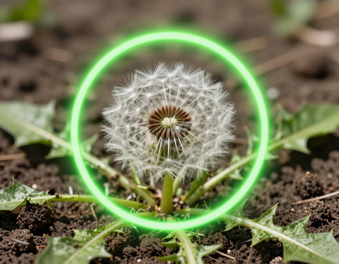 Dandelion weed with Beam Green circular target lock ring.