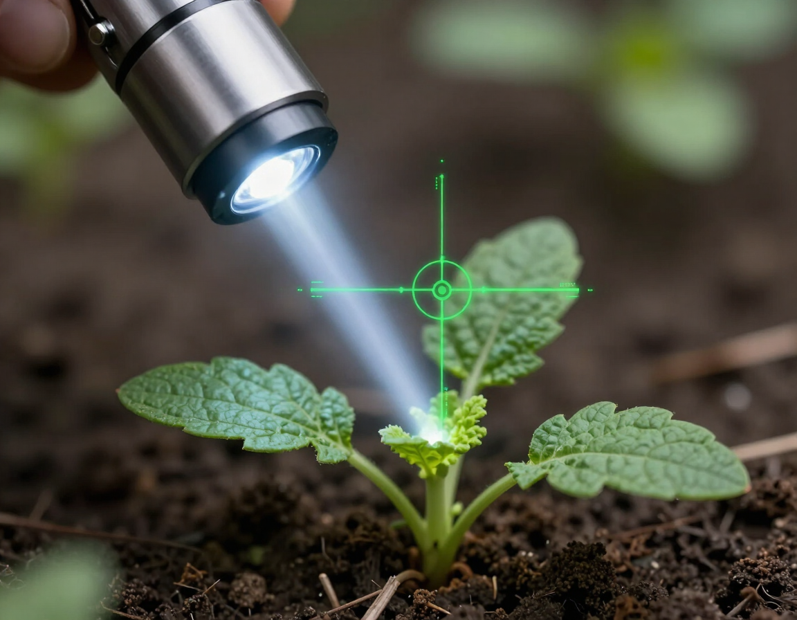 Precision light targeting a weed