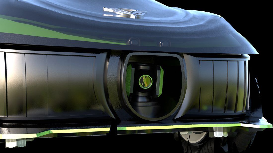 Close view of the GreenBeam treatment head recessed inside its sealed housing, facing downward.