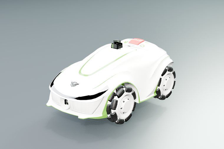The GreenBeam Pro robot in white with green accents.