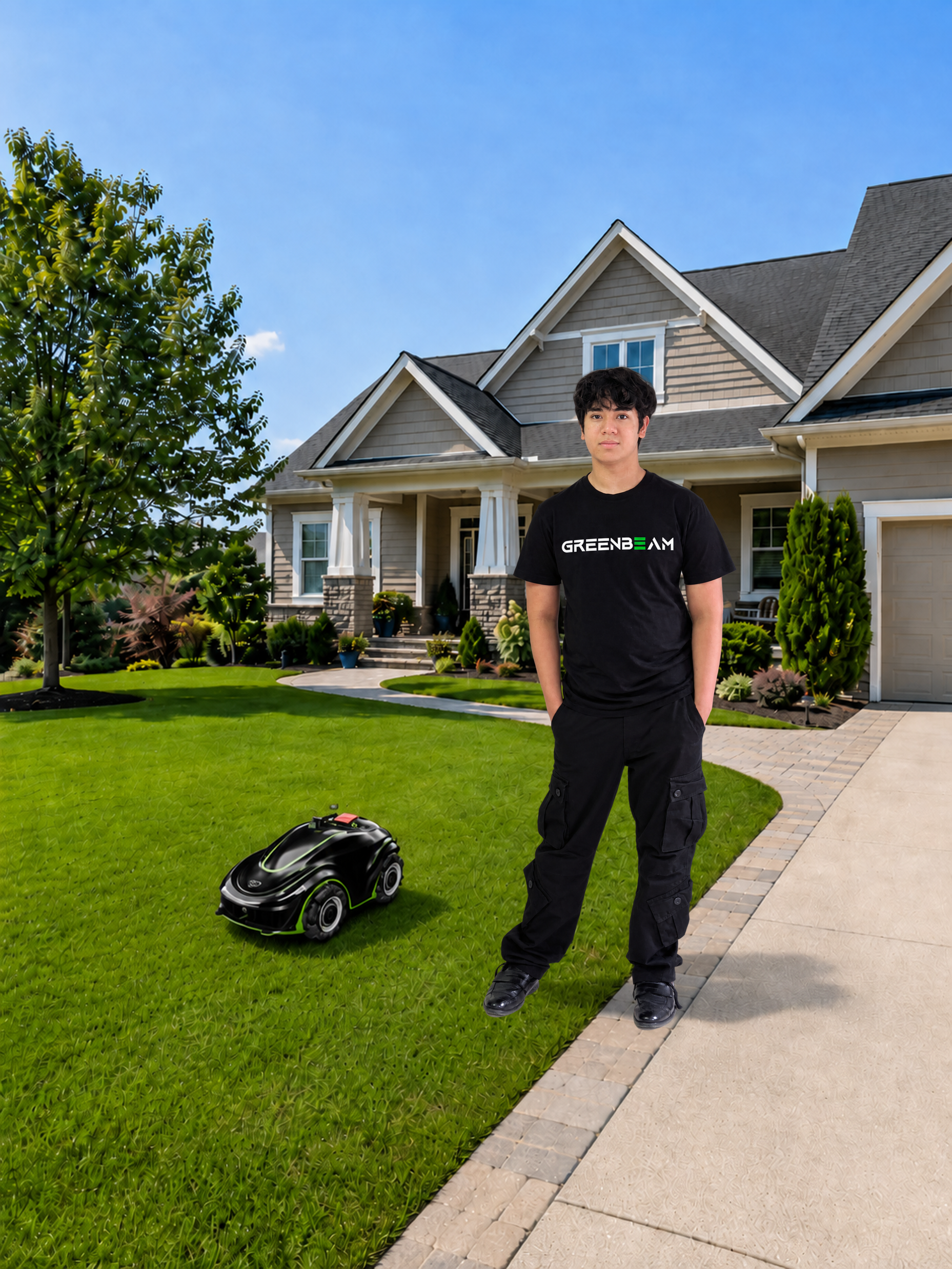 Aryash Shyam, founder and inventor of GreenBeam, outdoors near the GreenBeam robot