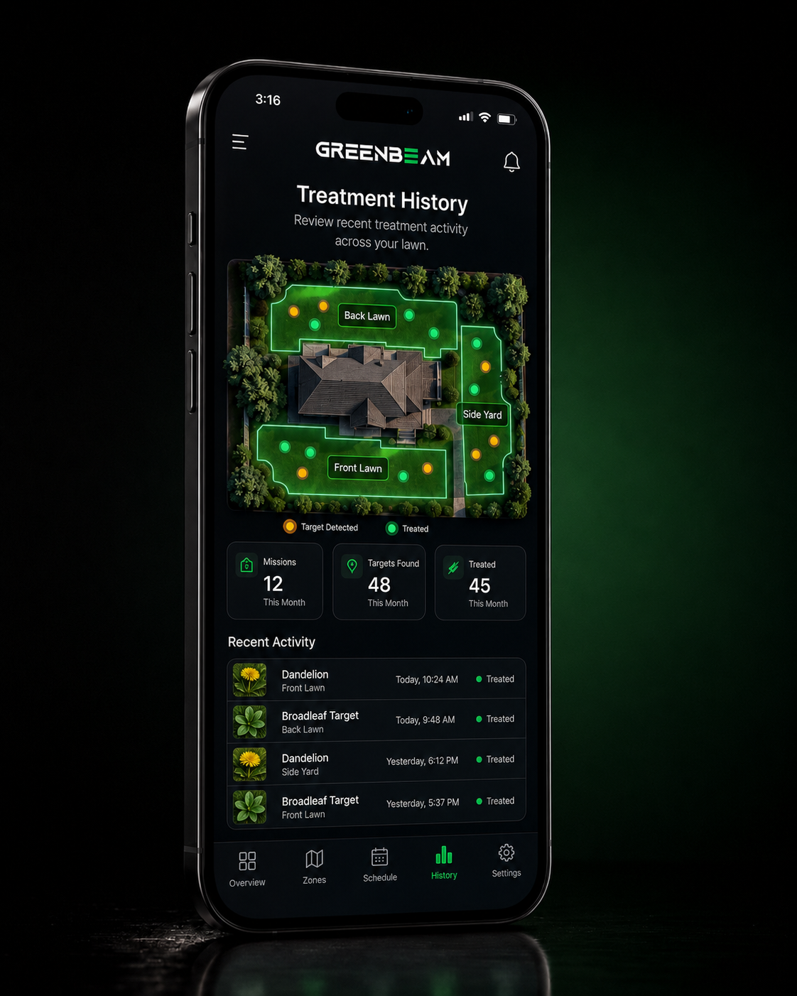 GreenBeam App treatment history view